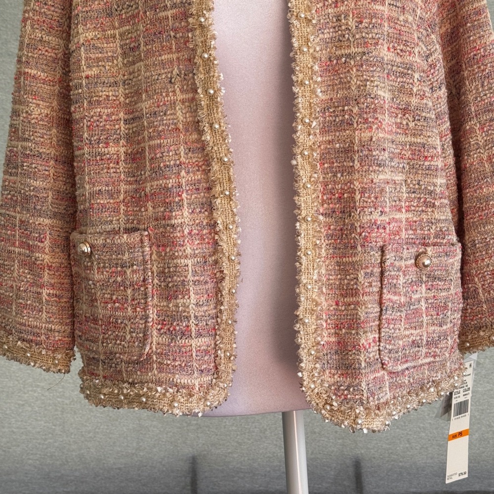 Alfred Dunner Magnolia Springs Tweed Cardigan Jacket Pink Multi Pearl Trim PS - Picture 3 of 10